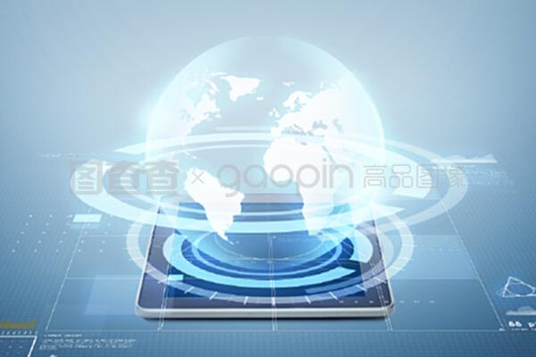 電子、技術、網絡和現代小工具概念——平板電腦,屏幕上方藍色背景的虛擬投影